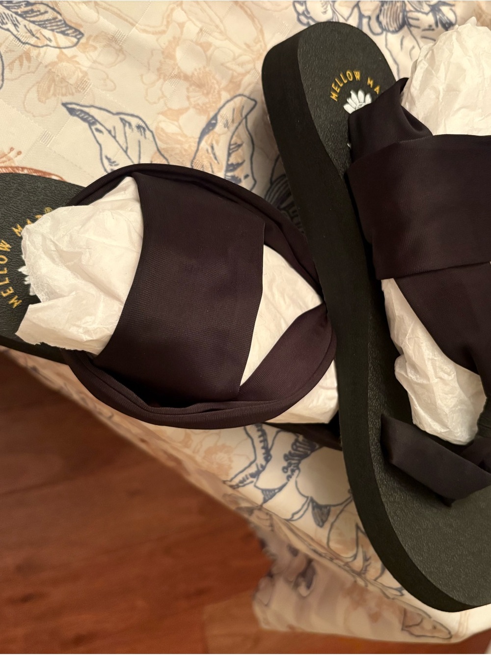 Yellow Box Black Fabric Slide Sandals with Gold Label